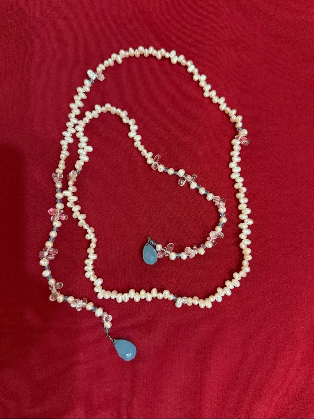Freshwater Pearl Lariat Necklace 39" Pink Quartz Blue Teardrop Strand Heavy 52g